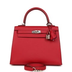 Hermes Kelly Sellier 25 Rouge Piment Verso Madame Palladium Hardware