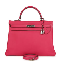Pre-owned Hermes Candy Kelly Retourne 35 Rose Tyrien Epsom Palladium Hardware