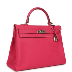 Pre-owned Hermes Candy Kelly Retourne 35 Rose Tyrien Epsom Palladium Hardware