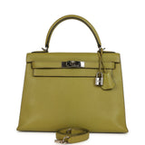 Vintage Hermes Kelly Sellier 28 Vert Chartreuse Chevre Mysore Palladium Hardware
