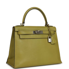 Vintage Hermes Kelly Sellier 28 Vert Chartreuse Chevre Mysore Palladium Hardware