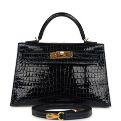 Hermes Kelly Sellier 20 Bleu Marine Shiny Porosus Crocodile Gold Hardware