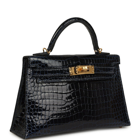 Hermes Kelly Sellier 20 Bleu Marine Shiny Porosus Crocodile Gold Hardware