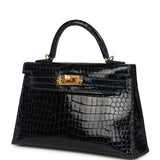 Hermes Kelly Sellier 20 Bleu Marine Shiny Porosus Crocodile Gold Hardware