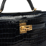 Hermes Kelly Sellier 20 Bleu Marine Shiny Porosus Crocodile Gold Hardware
