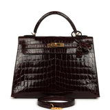 Pre-owned Hermes Kelly Sellier 32 Bordeaux Shiny Niloticus Crocodile Gold Hardware - Thumbnail View 1