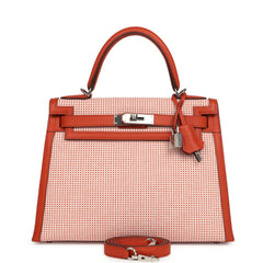 Pre-owned Hermes Quadrille Kelly Sellier 28 Brique Toile and Terre Battue Swift Palladium Hardware