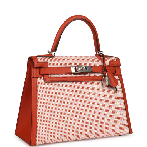 Pre-owned Hermes Quadrille Kelly Sellier 28 Brique Toile and Terre Battue Swift Palladium Hardware
