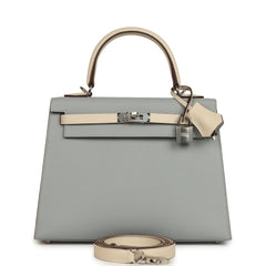 Hermes Special Order (HSS) Kelly Sellier 25 Bleu Glacier and Craie Epsom Palladium Hardware