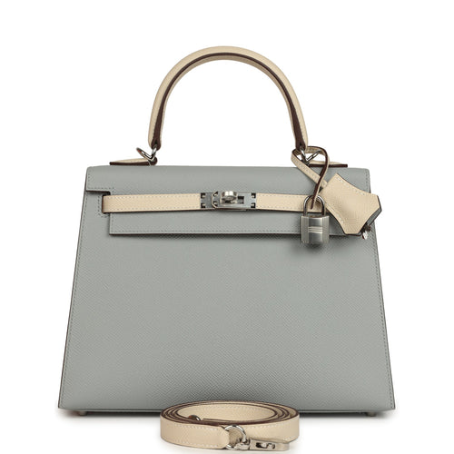 Hermes Special Order (HSS) Kelly Sellier 25 Bleu Glacier and Craie Epsom Palladium Hardware