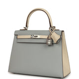 Hermes Special Order (HSS) Kelly Sellier 25 Bleu Glacier and Craie Epsom Palladium Hardware