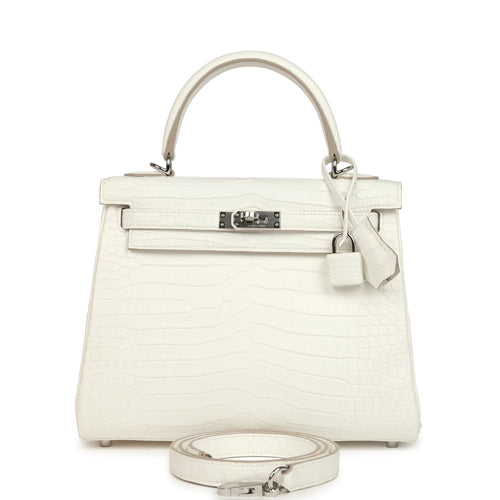 Hermes Kelly Retourne 25 Creme Chantilly Matte Crocodile Palladium Hardware