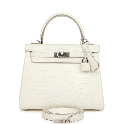 Hermes Kelly Retourne 25 Creme Chantilly Matte Crocodile Palladium Hardware