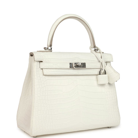 Hermes Kelly Retourne 25 Creme Chantilly Matte Crocodile Palladium Hardware