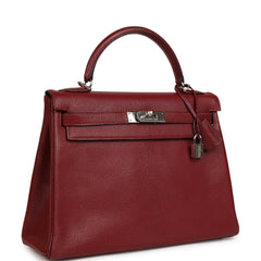 Vintage Hermes Kelly Retourne 32 Rouge H Chevre Mysore Palladium Hardware