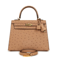 Pre-owned Hermes Kelly Sellier 25 Chai Ostrich Gold Hardware