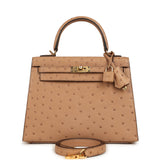 Pre-owned Hermes Kelly Sellier 25 Chai Ostrich Gold Hardware - Thumbnail View 1