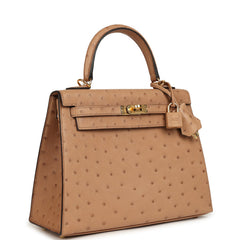 Pre-owned Hermes Kelly Sellier 25 Chai Ostrich Gold Hardware