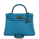 Pre-owned Hermes Kelly Retourne 32 Bleu Zanzibar Evercolor Gold Hardware