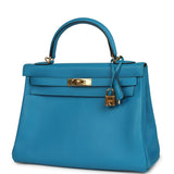 Pre-owned Hermes Kelly Retourne 32 Bleu Zanzibar Evercolor Gold Hardware