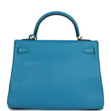Pre-owned Hermes Kelly Retourne 32 Bleu Zanzibar Evercolor Gold Hardware