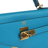 Pre-owned Hermes Kelly Retourne 32 Bleu Zanzibar Evercolor Gold Hardware