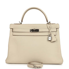 Pre-owned Hermes Kelly Retourne 32 Craie Togo Palladium Hardware