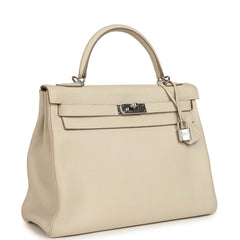 Pre-owned Hermes Kelly Retourne 32 Craie Togo Palladium Hardware