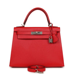 Hermes Special Order (HSS) Kelly Sellier 28 Rouge De Coeur Chevre Mysore Brushed Palladium Hardware