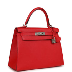 Hermes Special Order (HSS) Kelly Sellier 28 Rouge De Coeur Chevre Mysore Brushed Palladium Hardware