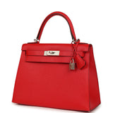 Hermes Special Order (HSS) Kelly Sellier 28 Rouge De Coeur Chevre Mysore Brushed Palladium Hardware