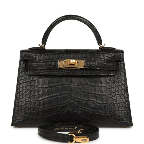 Hermes Kelly Sellier 20 Black Matte Alligator Gold Hardware