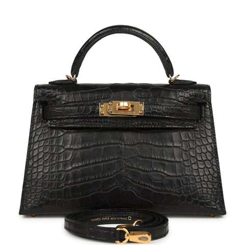Hermes Kelly Sellier 20 Black Matte Alligator Gold Hardware
