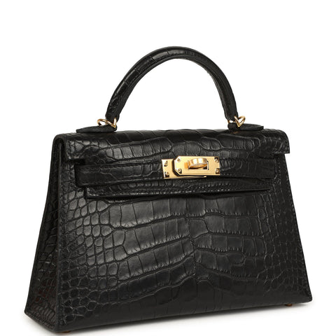 Hermes Kelly Sellier 20 Black Matte Alligator Gold Hardware