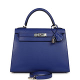 Pre-owned Hermes Kelly Sellier 28 Bleu Electric Tadelakt Palladium Hardware