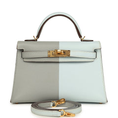 Hermes Special Order (HSS) Kelly Sellier 20 Casaque Bleu Brume and Bleu Glacier Epsom Brushed Gold Hardware