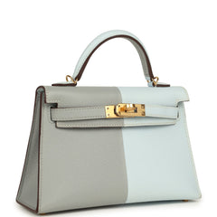 Hermes Special Order (HSS) Kelly Sellier 20 Casaque Bleu Brume and Bleu Glacier Epsom Brushed Gold Hardware
