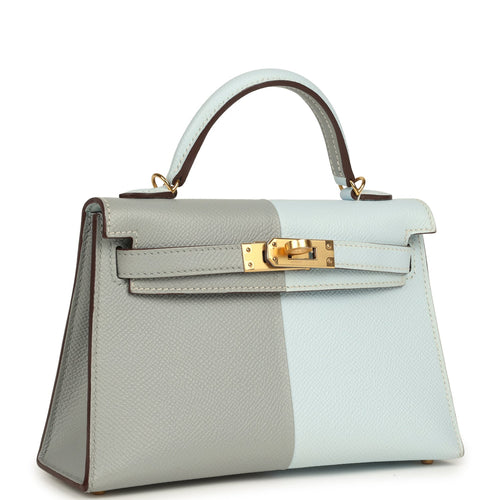 Hermes Special Order (HSS) Kelly Sellier 20 Casaque Bleu Brume and Bleu Glacier Epsom Brushed Gold Hardware
