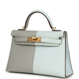 Hermes Special Order (HSS) Kelly Sellier 20 Casaque Bleu Brume and Bleu Glacier Epsom Brushed Gold Hardware