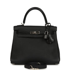 Pre-owned Hermes Kelly Retourne 25 Black Togo and Varanus Lizard Touch Palladium Hardware