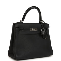 Pre-owned Hermes Kelly Retourne 25 Black Togo and Varanus Lizard Touch Palladium Hardware
