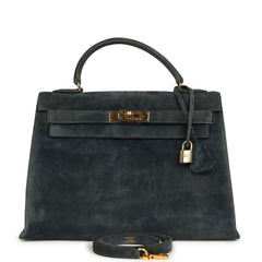 Vintage Hermes Kelly Sellier 32 Bleu Indigo Doblis Gold Hardware