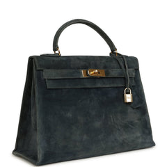 Vintage Hermes Kelly Sellier 32 Bleu Indigo Doblis Gold Hardware