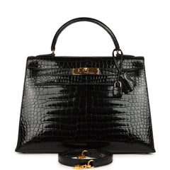 Vintage Hermes Kelly Sellier 32 Black Shiny Porosus Crocodile Gold Hardware