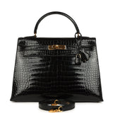 Vintage Hermes Kelly Sellier 32 Black Shiny Porosus Crocodile Gold Hardware - Thumbnail View 1