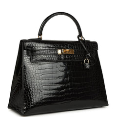 Vintage Hermes Kelly Sellier 32 Black Shiny Porosus Crocodile Gold Hardware