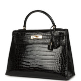 Vintage Hermes Kelly Sellier 32 Black Shiny Porosus Crocodile Gold Hardware - Thumbnail View 5