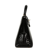 Vintage Hermes Kelly Sellier 32 Black Shiny Porosus Crocodile Gold Hardware - Thumbnail View 3