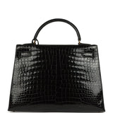 Vintage Hermes Kelly Sellier 32 Black Shiny Porosus Crocodile Gold Hardware - Thumbnail View 4