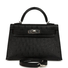 Hermes Kelly Sellier 20 Black Ostrich Palladium Hardware
